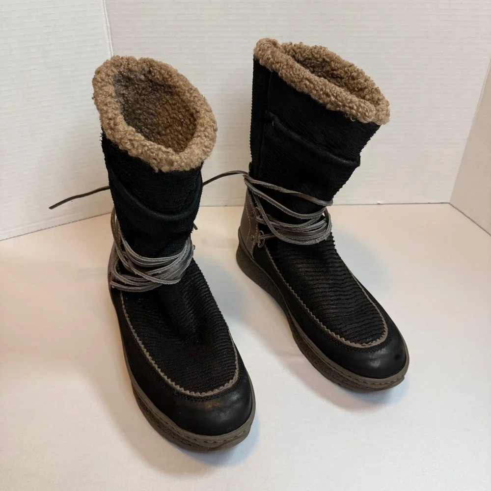 OTBT Womens Black Slope Faux Shearling Lined Winter Boots Mid Calf Wrap Lace